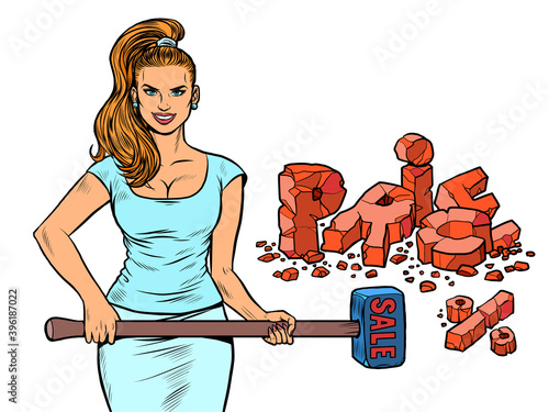 a woman with a hammer breaks prices. The buyer concept. Discounts and sales