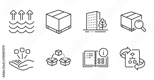 Delivery box, Instruction info and Search package line icons set. Parcel shipping, Consolidation and Technical algorithm signs. Evaporation, Buildings symbols. Quality line icons. Vector