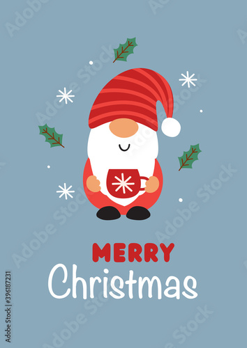 Greeting card with Christmas gnome and cup