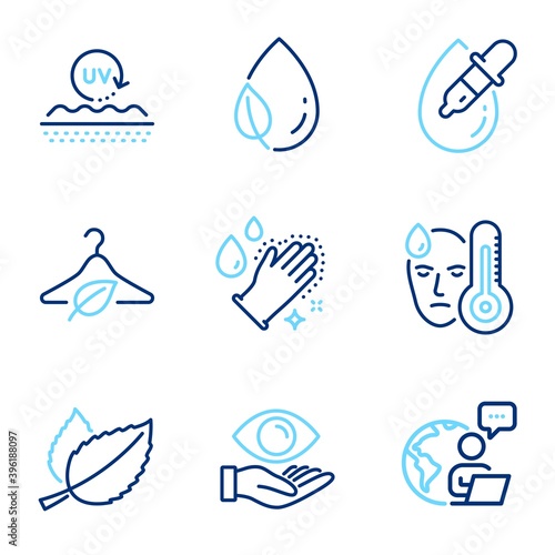 Healthcare icons set. Included icon as Eye drops, Mint leaves, Uv protection signs. Washing hands, Fever, Health eye symbols. Slow fashion, Leaf dew line icons. Pipette, Mentha herbal. Vector