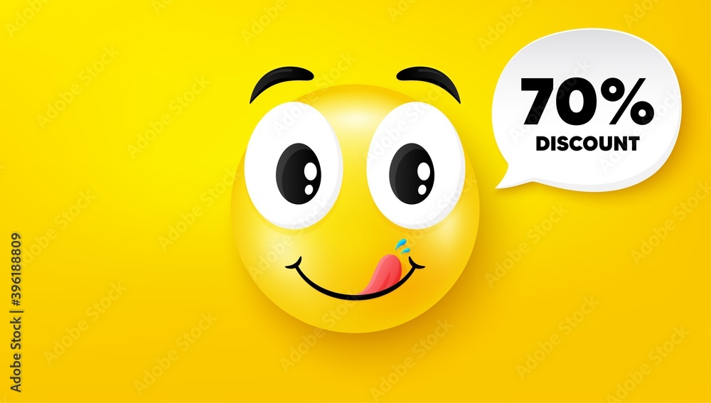 70% Discount. Yummy smile face with speech bubble. Sale offer price sign. Special offer symbol. Yummy smile character. Discount speech bubble icon. Yellow face background. Vector