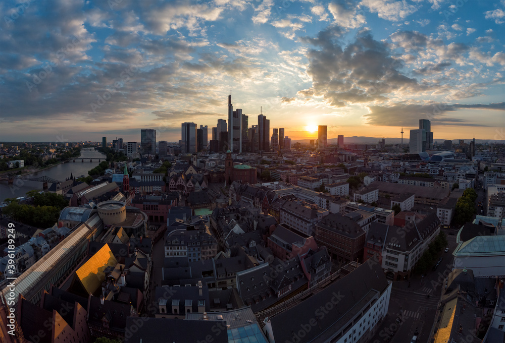 The city centre of Frankfurt am Main at sunset with the financial district in the background