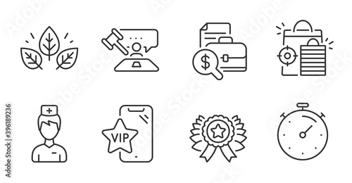 Vip phone, Timer and Accounting report line icons set. Winner ribbon, Organic tested and Judge hammer signs. Seo shopping, Doctor symbols. Quality line icons. Vip phone badge. Vector