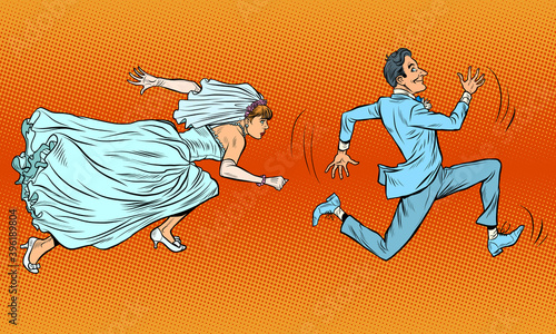 The groom runs away from the bride. A comical chase. Wedding