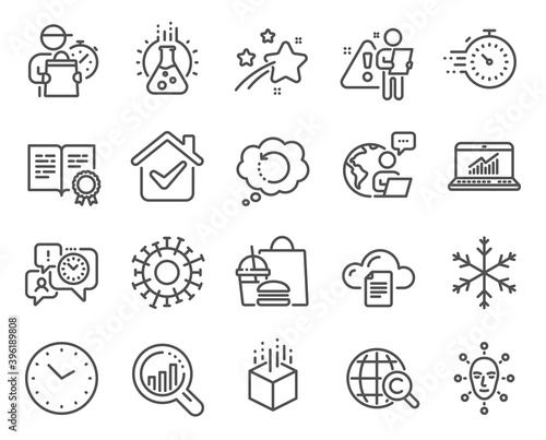 Science icons set. Included icon as Face biometrics, International Ð¡opyright, Timer signs. File storage, Recovery data, Time management symbols. Coronavirus, Seo analysis, Time. Snowflake. Vector