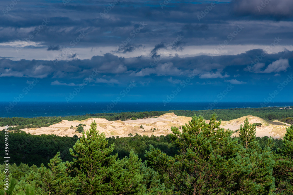 Beautiful see landscape from lighthouse, panorama, dune close to Baltic See, Slowinski National Park, Poland