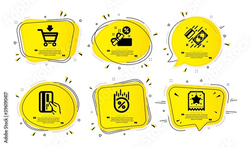 Online market, Payment card and Sale icons simple set. Yellow speech bubbles with dotwork effect. Payment, Loan percent and Loyalty ticket signs. Shopping cart, Credit card, Gift box. Vector