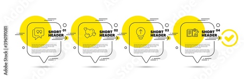 Heart, Quote bubble and Swipe up line icons set. Timeline infograph speech bubble. Engineering documentation sign. Love rating, Chat comment, Scrolling page. Manual. Business set. Vector