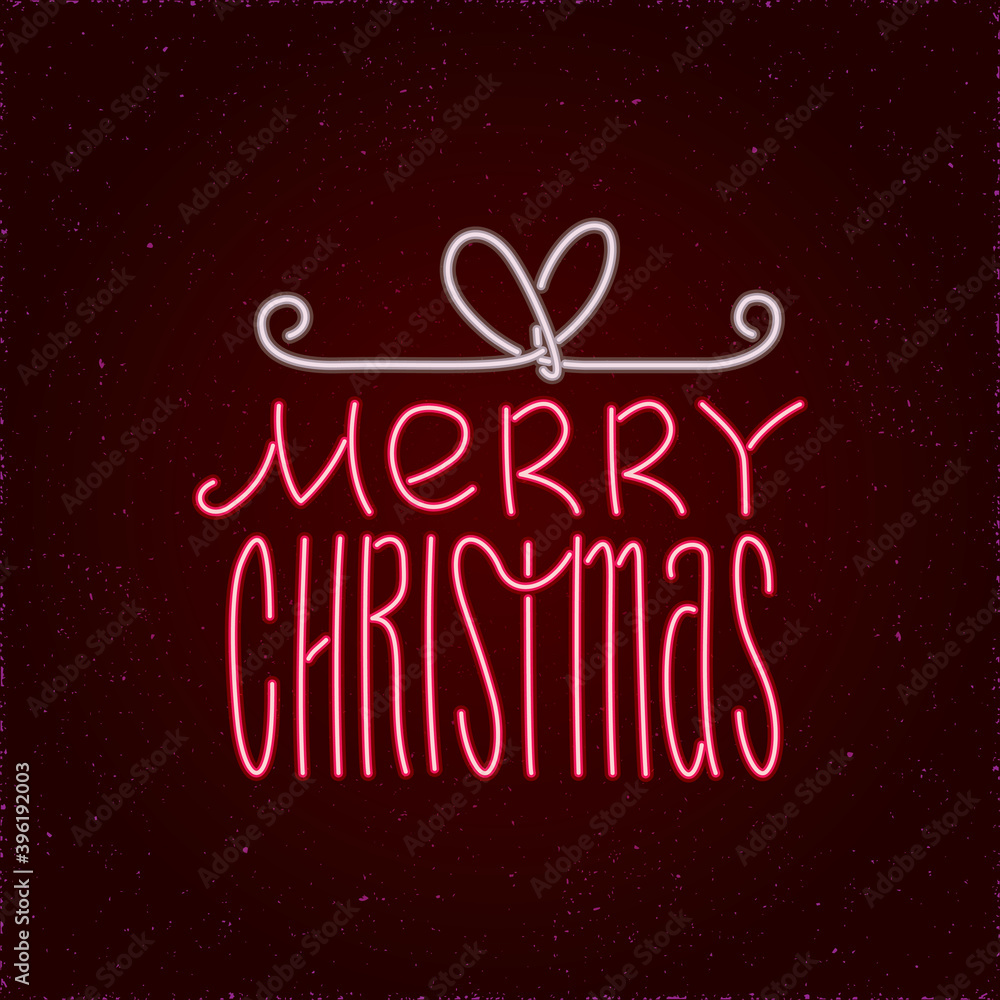 Merry Christmas Glowing Neon Sign Style Logo as Gift Box Shape Lettering Composition - Red and White on Black Space Illusion Background - Hand Drawn Doodle Design
