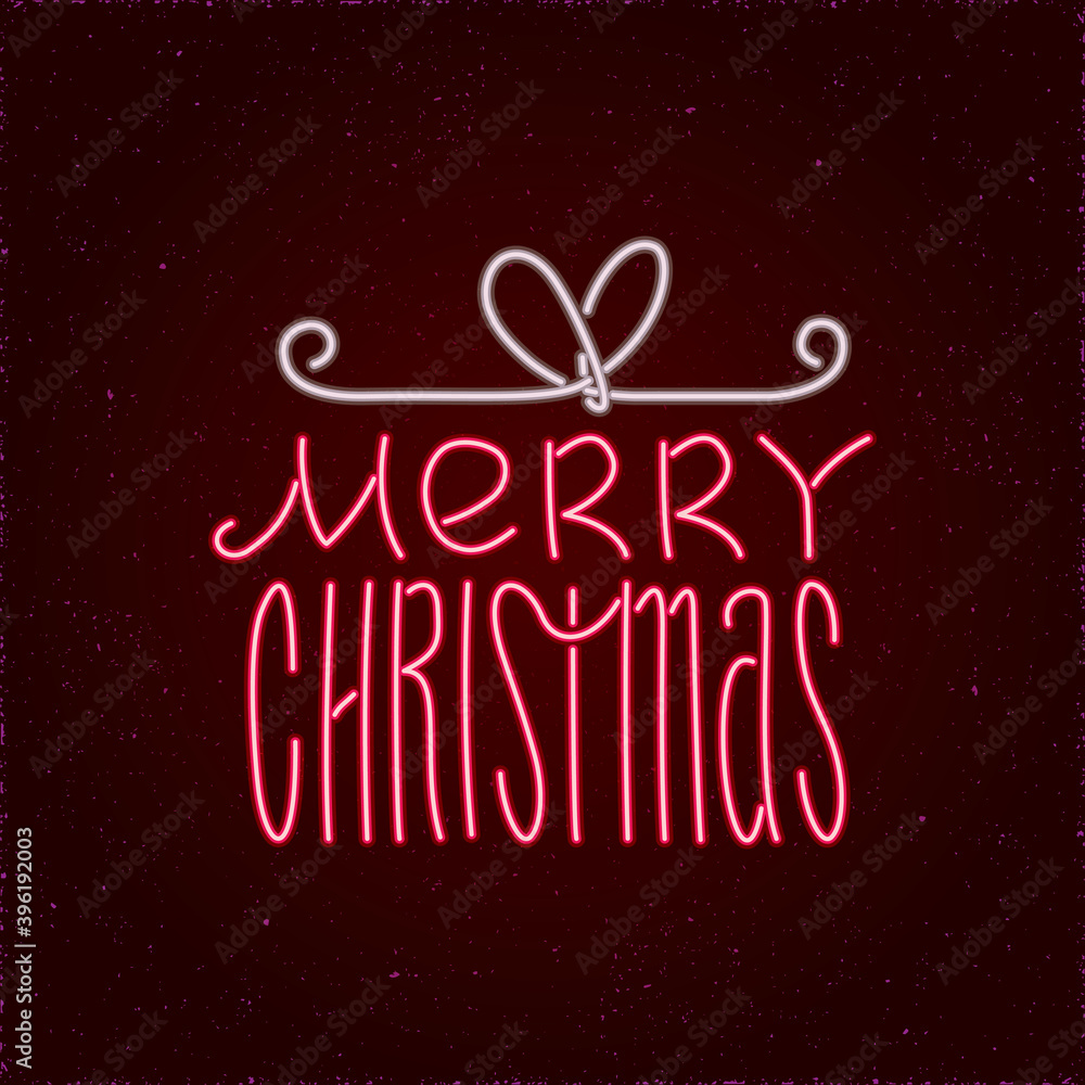 Merry Christmas Glowing Neon Sign Style Logo as Gift Box Shape Lettering Composition - Red and White on Black Space Illusion Background - Hand Drawn Doodle Design Merry Christmas Glowing Neon Sign Style Logo as Gift Box Shape Lettering Composition - Red and White on Black Space Illusion Background - Hand Drawn Doodle Design