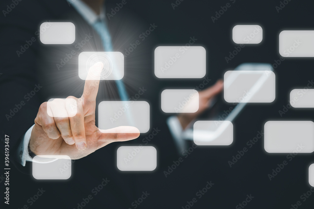 Businessman pushing touch screen button on the graph Screen Icon of media screen, Technology Process System Business with Communication, isolated on white background, Computer and technology concepts Businessman pushing touch screen button on the graph Screen Icon of media screen, Technology Process System Business with Communication, isolated on white background, Computer and technology concepts