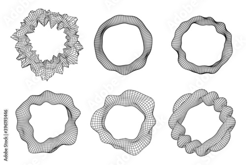 Black and white Distorted wired polygonal torus ring. Technology equalizer concept. Geometric vector illustration.