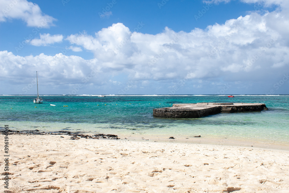 Mauritius island: Beach with turquoise lagoon, coral reef