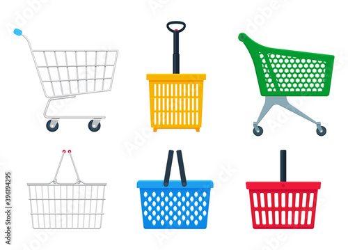 Vector collection of flat realistic illustration of side view empty supermarket shopping basket isolated. Large shopping set: chrome plated wire metal basket, plastic basket, trolley, shopping cart.