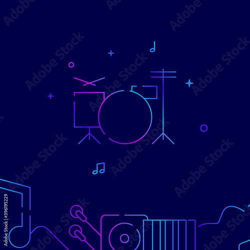 Drum set gradient line vector icon, simple illustration on a dark blue background, music related bottom border.