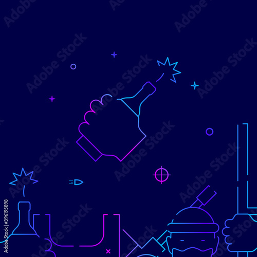 Hand with molotov cocktail gradient line vector icon, simple illustration on a dark blue background, weapon, army related bottom border.