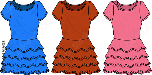 Flat sketch dress design for girls in 3 variants.