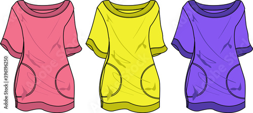 Flat sketch dress design for girls in 3 variants.