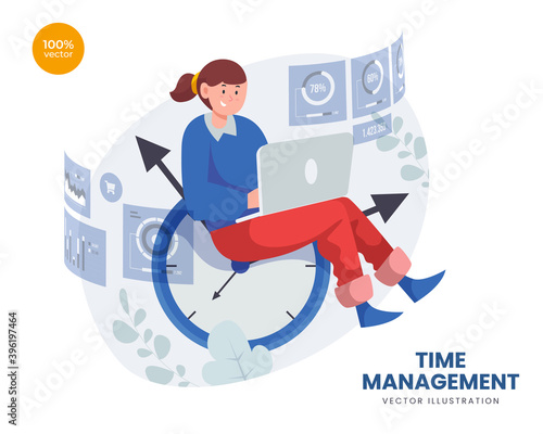 Time management vector Illustration idea concept for landing page template, Clock and watch as productivity and effectivity symbol for business meeting, schedule agenda and work planning. Flat Style
