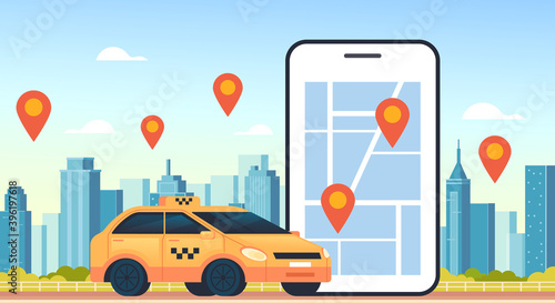 Taxi mobile internet online uber carsharing parking concept vector flat cartoon graphic design illustration