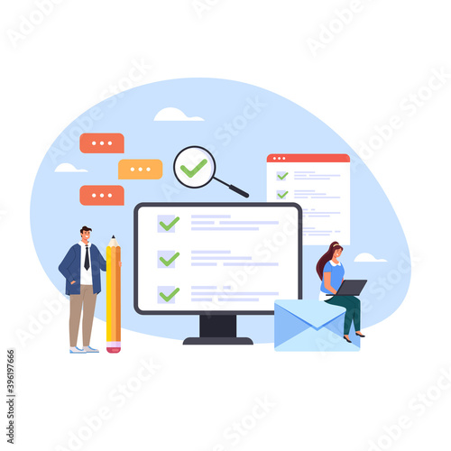 Online survey examination training choosing green check mark concept vector flat cartoon graphic design illustration