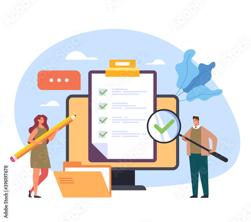Online internet web questionnaire check mark examination feedback test training class concept vector flat cartoon graphic design illustration