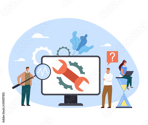 Computer laptop pc support diagnostic service help fix repair concept. Vector flat cartoon graphic design illustration
