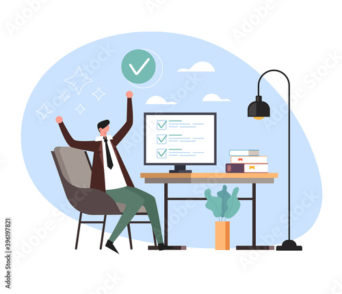 Happy business man office worker secretary done work job task concept. Vector flat cartoon graphic design illustration