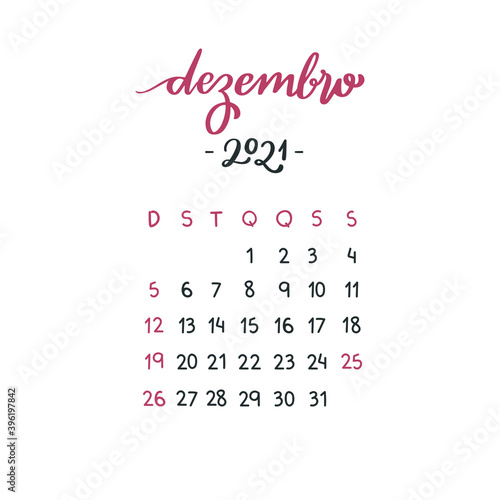 Novembro de 2021. November 2021. Brazilian Portuguese Hand Lettering Calendar for 2021 year Calligraphy. Vector.