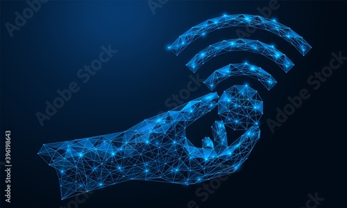 The wi-fi symbol in hand. Polygonal construction of concatenated lines and points. Blue background.