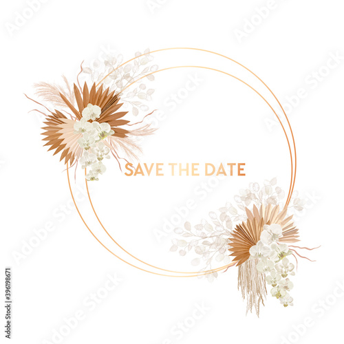 Watercolor floral wedding vector frame. Pampas grass, orchid flowers, dry palm leaves border template