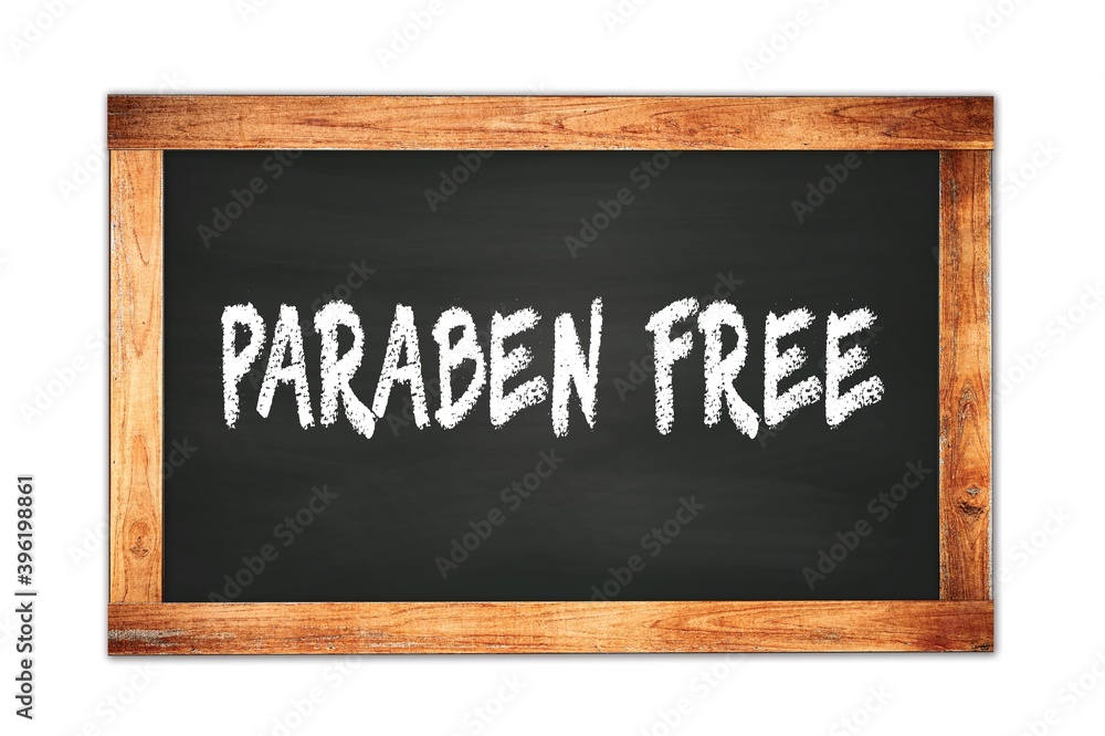 PARABEN FREE text written on wooden frame school blackboard. PARABEN FREE text written on wooden frame school blackboard.