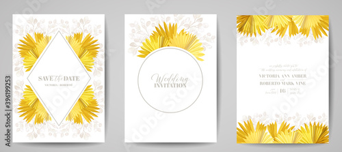 Wedding vector floral invitation, Save the Date dry Palm tropical leaves, watercolor lunaria flowers card set