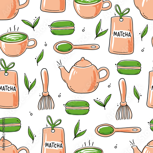Seamless pattern of hand drawn matcha tea ingredient and traditional ceremony elements, cup, spoon, matcha leaf. Doodle sketch style illustration for background, fabric, wallpaper design.
