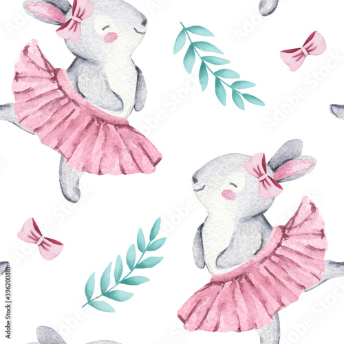 Seamless pattern, watercolor illustration with cute baby bunny and leaves