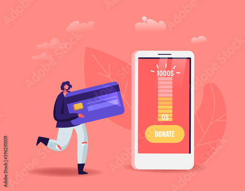 Tiny Female Character with Bank Card Use Mobile Application for Donation. Woman Donate Money with Smartphone App