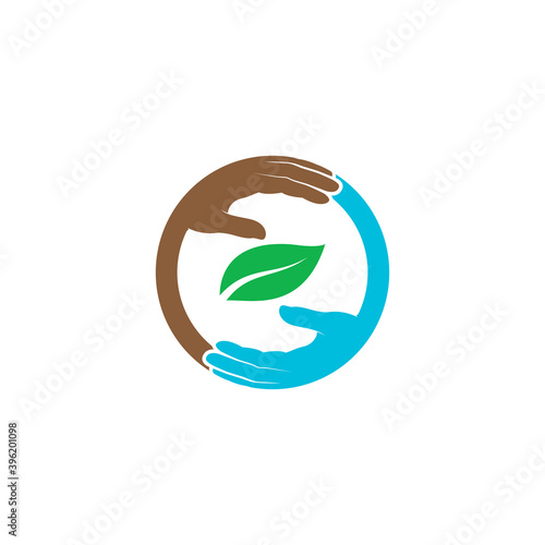 Hands surrounding the leaf. Vector symbol