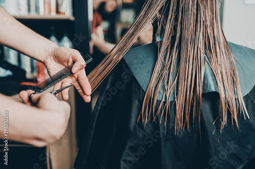 Young woman in hairsalon getting rid of split ends. Haircut. photo