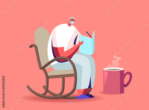 Senior Grey Haired Man in Glasses Sitting in Rolling Chair Drink Tea and Solving Crossword Aged Male Character Sparetime