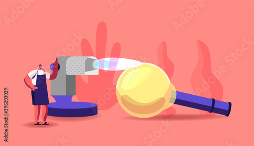 Tiny Glassblower Male Character Create Decor Blowing Glass Piece and Burning with Fire on Huge Pipe. Glassblowing Decor