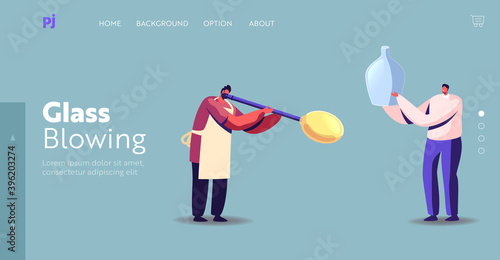 Glassblowing Antique Craftsmanship Landing Page Template. Tiny Glassblower Male Character Blowing Huge Glass Bubble