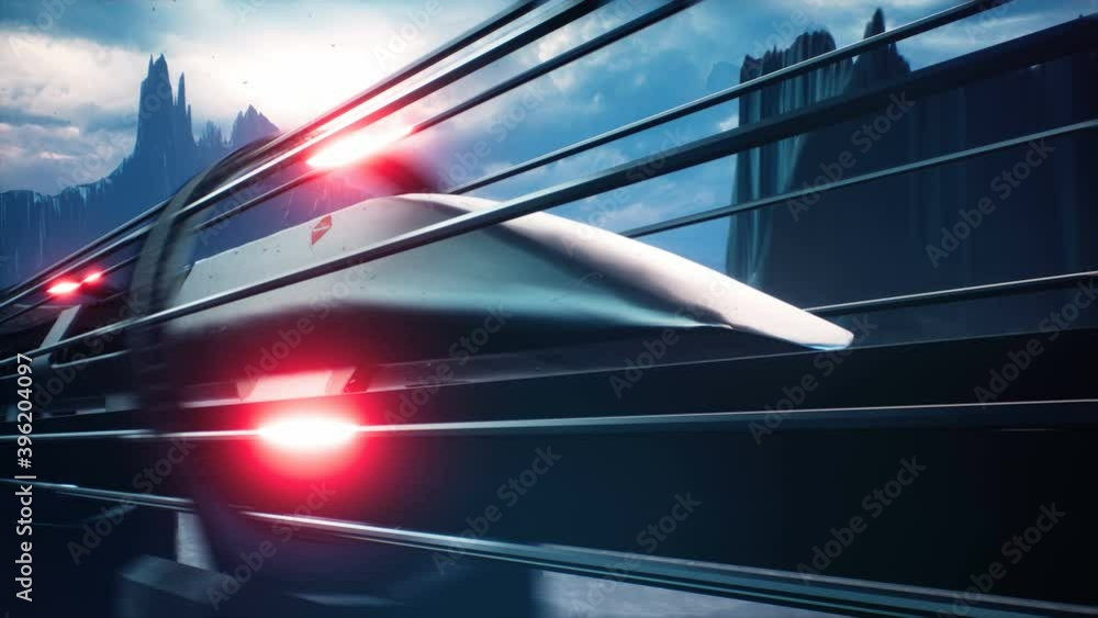 The train of the future rushes at high speed over a deserted alien planet. Animation for fiction, futuristic or space travel backgrounds.
