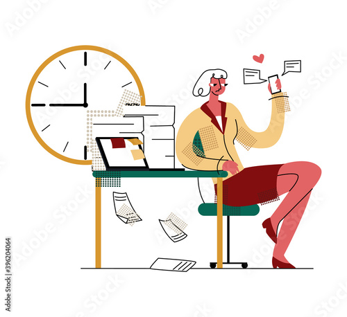 Vector flat illustration concept of procrastination, dependence on gadgets, devices, laziness. Image shows woman distracted from work by correspondence on mobile phone, social networks.