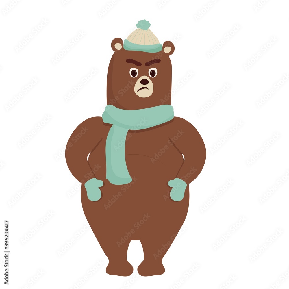 Obraz premium Cartoon funny bear with angry emotions with hat and scarf isolated on white background. Icon, sticker animal, brown grizzly.