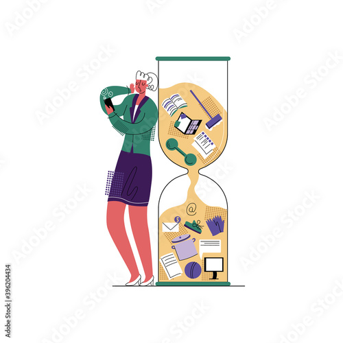 Vector flat illustration concept procrastination, dependence on gadgets, devices, laziness. Woman is depicted against background of abstract enlarged clock, which contains all outstanding tasks.