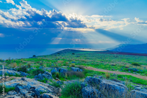 Morning view of the Sea of Galilee, with Sun beams photo