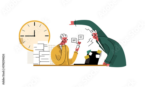Vector illustration procrastination, laziness, dependence on gadgets. This image shows worker who took break from work to chat on social network. Boss shouts at him, reminding him completion business.