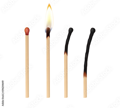 Set of realistic matches: burning, with flame or burnt isolated on white background