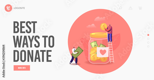 People Giving Money Landing Page Template. Donation, Volunteers Charity. Tiny Characters on Ladder Throw Coins in Jar