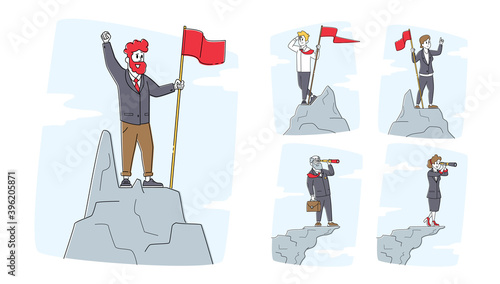 Set of Business Characters with Flag and Spyglass on Top of Mountain Peak. Successful Businessmen or Women on Rock
